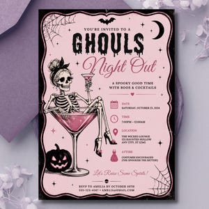 May include: A pale pink rectangular invitation card featuring a skeleton sitting in a martini glass. The text reads GHOULS Night Out, A SPOOKY GOOD TIME WITH BOOS & COCKTAILS, date, time, location, attire, and RSVP details. Includes spiderwebs and a pumpkin.