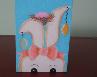 bunny block, tole painted, bunny block shelf sitter, shelf sitter, Easter decor, spring decor, gift for her,hostess gift. tiered tray