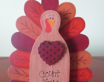 Thanksgiving turkey, shelf sitter, Thanksgiving decor, fall decor, tole painted, primitive turkey, gift for her, hostess gift