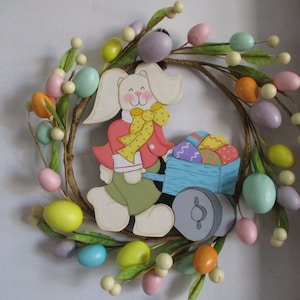 Bunny with cart of eggs wreath, Easter decor, spring decor, wall hanging, Easter wreath, tole painted, gift for her, hostess gift