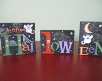 Halloween Blocks, ghosts, bats, shelf sitter, tiered tray, Halloween decor, tole painted, farmhouse, gift for her, hostess gift