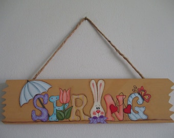 Spring plaque, spring wall hanging, Spring decor, bunny, butterfly, tulip, tole painted, gift for her, hostess gift, Mother's Day