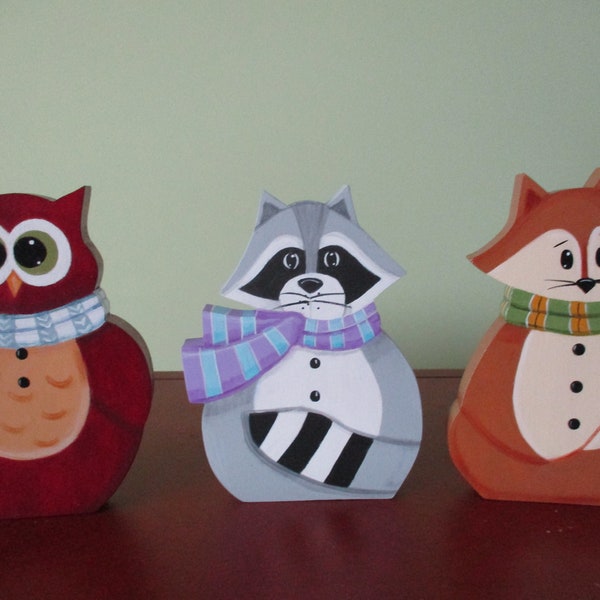 woodland animals, forest animals, shelf sitters, tole painted, tiered tray, winter animals, gift for her, hostess gift