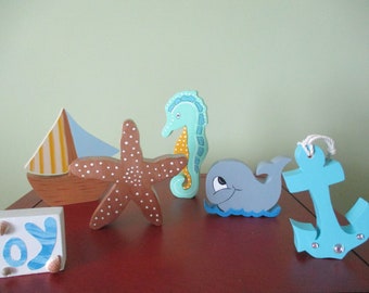 Beach theme, tiered tray, seahorse, whale, anchor, Ahoy block, starfish, boat, tole painted, gift for her, hostess gift, shelf sitters