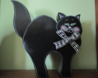Cat, Halloween cat, cat collector, shelf sitter, tiered tray, tole painted, farmhouse, wood, gift for her, hostess gift
