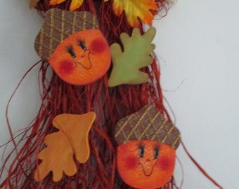 acorn bow raffia, fall wall hanging, fall decor, tole painted, gift for her, hostess gift, bittersweet