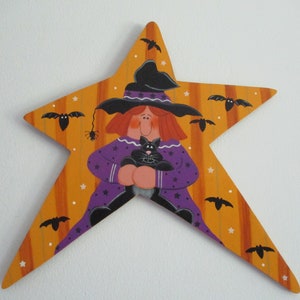 Witch wall hanging, star, witch&#39;s cat, Halloween decor, tole painted, wall hanging, gift for her, hostess gift,