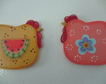 Chicken magnets, kitchen magnets, watermelon, flower, chicken collector, tole painted, gift for her, hostess gift