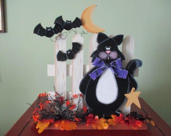 Halloween cat, fence, bats, moon, Halloween decor, shelf sitter, tole painted, farmhouse, spiders, gift for her, hostess gift
