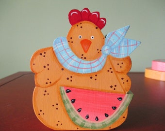 Chicken shelf sitter, chicken collector, shelf sitter, tole painted, watermelon,  yellow chicken, gift for her, hostess gift