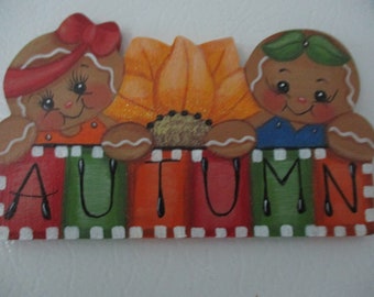 Gingerbread fall magnet, autumn magnet, gingerbreads, fall decor, kitchen decor, tole painted, gift for her, hostess gift