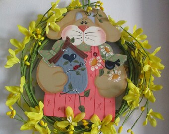 Garden bunny wreath, Spring decor, bunny door wreath, tole painted, gift for her, hostess gift