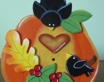 Pumpkin birdhouse, crows, leaves, berries, shelf sitter, tole painted, tiered tray, entry table, farmhouse, gift for her, hostess gift,