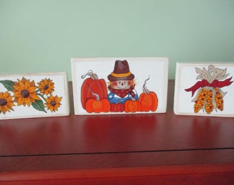 Tole Painted Fall Blocks: Scarecrow, Corn & Sunflowers Shelf Sitters
