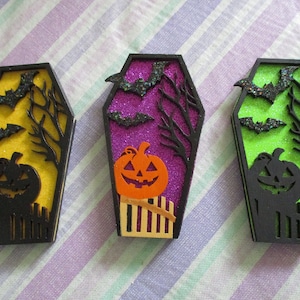 Coffin silhouettes, bats, pumpkin, Halloween magnets, kitchen magnets, Halloween decor, hand painted, gift for her, hostess gift, Halloween