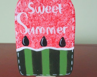 Watermelon popsicle, summer decor, shelf sitter, chunky watermelon, tole painted, gift for her, hostess gift, tiered tray