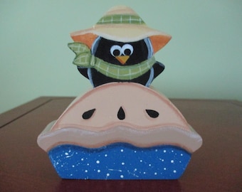 Crow on a pie, fall decor, crow, pie, shelf sitter, tiered tray, tole painted, gift for her, hostess gift