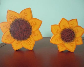Sunflower pair, fall decor, shelf sitter, tiered tray, tole painted, farmhouse, entry table, gift for her, hostess gift, flowers