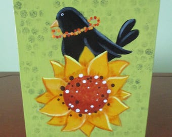 Crow on sunflower, crow block sunflower block, fall decor, summer decor, tole painted, shelf sitter, tiered tray, gift for her, hostess gift