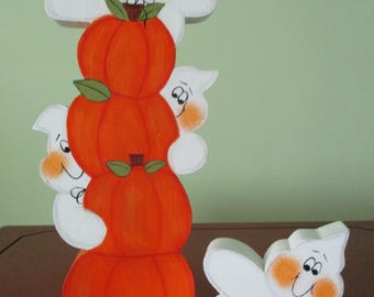 Ghost totem, pumpkins, ghosts, Halloween decor, shelf sitter, tiered tray, tole painted, farmhouse, gift for her, hostess gift