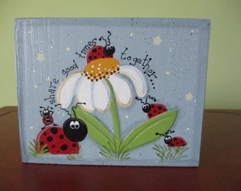ladybug block, tole painted, home decor, shelf sitter, hostess gift, gift for her, summer decor, ladybugs, ladybug shelf sitter