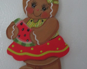 gingerbread watermelon magnet, kitchen magnet, summer decor, tole painted, gingerbread, magnet, watermelon, gift for her, hostess gift