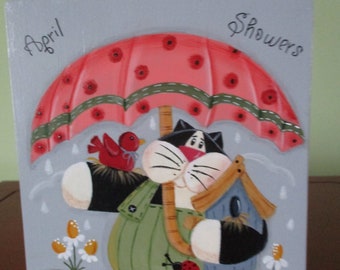 April Showers, Spring block, cat with umbrella, shelf sitter, tiered tray, tole painted, gift for her, hostess gift