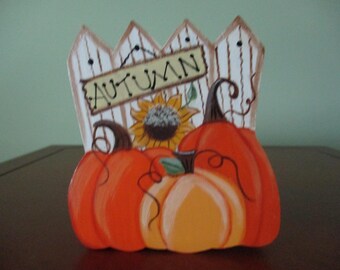 Autumn shelf sitter, fence, pumpkins, fall decor, shelf sitter, tiered tray, tole painted, gift for her, hostess gift