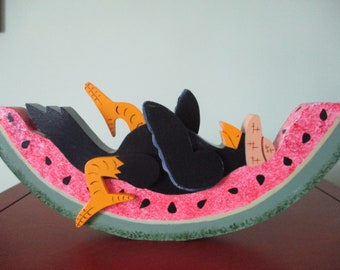 Crow on a watermelon, watermelon, crow, shelf sitter, summer decor, tole painted, gift for her, hostess gift, Mother's Day
