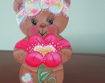 teddy bear with flower, bear shelf sitter, summer decor, tole painted, tiered tray, flower, bear, gift for her, hostess gift, Mother's Day