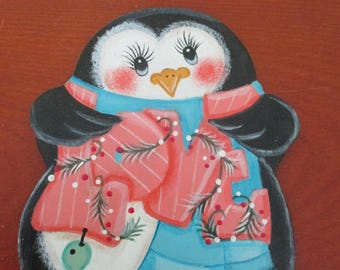 penguin valentine, valentine decor, penguin magnet, penguin ornament, tole painted, gift for her, hostess gift, valentine magnet