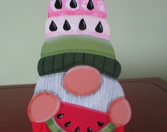 watermelon gnome, gnome, watermelon, shelf sitter, gnome shelf sitter, tole painted, tiered tray, gift for her, hostess gift