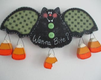 Bat with candy corn, Halloween decor, wall hanging, door hanger, tole painted, farmhouse, gift for her, hostess gift