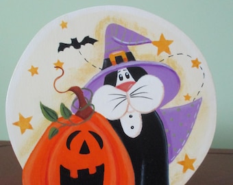 Cat, pumpkin, moon, Halloween decor, shelf sitter, tiered tray, tole painted, farmhouse, gift for her, hostess gift