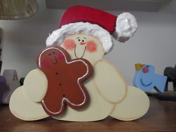 Snowman eating gingerbread cookie, winter decor, winter shelf sitter, tole painted, gift for her, hostess gift, teacher's gift