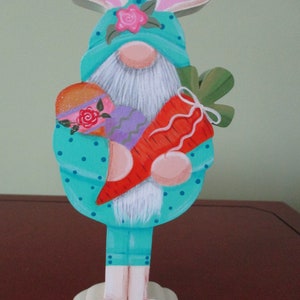 Gnome Easter bunny, standing gnome, gnome shelf sitter, Easter shelf sitter, tole painted, tiered tray, gift for her, hostess gift,
