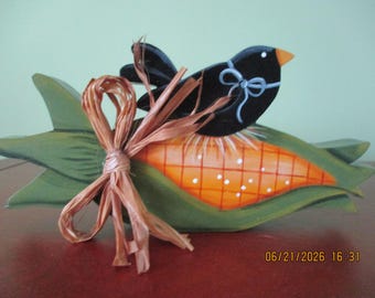 Crow on a corn, fall decor, tole painted, shelf sitter, tiered tray, farmhouse, gift for her, hostess gift