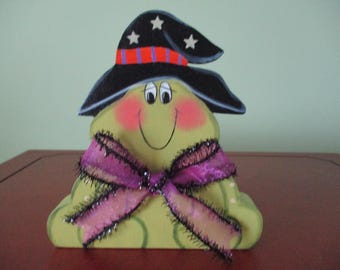 Halloween frog, witch frog, Halloween decor, shelf sitter, tiered tray, tole painted, farmhouse, gift for her, hostess gift
