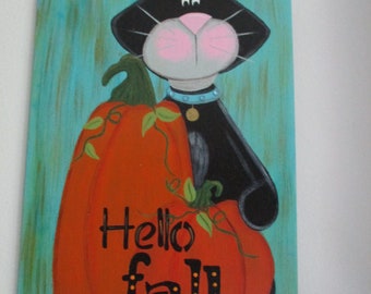 cat tag wall hanging for fall, fall decor, fall wall hanging, cat lovers, tole painting, gift for her, hostess gift