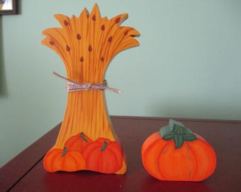 wheat stalk, pumpkins, shelf sitter, tiered tray,, farmhouse, fall decor, tole painted, gift for her, hostess gift