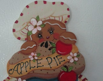 gingerbread with apple pie, apple gingerbread magnet, kitchen decor, summer decor, tole painted, gift for her, hostess gift