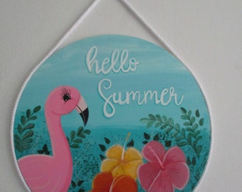 Colgante de pared de flamenco, colgante de puerta de flamenco, tole pintado, colgante de pared de verano, decoración de verano, regalo para ella, regalo de anfitriona, decoración costera