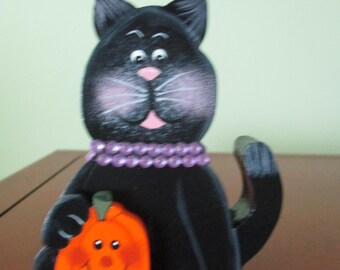 Halloween cat, shelf sitter, tiered tray, tole painted, Halloween decor, farmhouse, pumpkin, gift for her, hostess gift