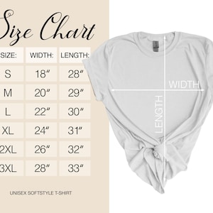 May include: A white unisex softstyle t-shirt with a size chart. The chart shows measurements for sizes S to 3XL, with widths from 18" to 28" and lengths from 28" to 33".