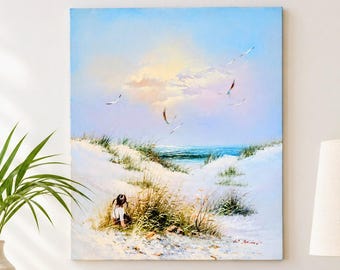 Original Vintage Beach Scene Oil Painting - Impasto Seascape Canvas Art, Girl in Pigtails on Sand Dunes, Signed W. Bruno 1983, Coastal