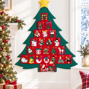 May include: A wall-hanging Christmas tree advent calendar made of green fabric with a yellow star at the top. It features twenty-four red square pockets, each numbered and decorated with unique embroidered holiday motifs like Santa, snowmen, and toys.