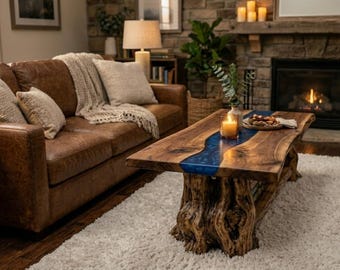 Mesa de centro rústica de madera maciza con borde natural y resina epoxi / Mesa de centro rústica de madera maciza con estante
