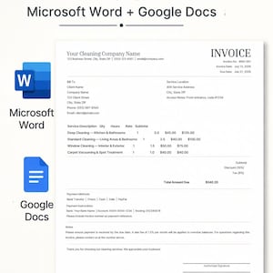 May include: An editable invoice template document for Microsoft Word and Google Docs. The document features a header with company name, invoice number, and date, followed by a table for service descriptions, quantities, rates, and subtotals.