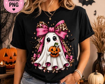 Halloween Ghost Bow PNG, Leopard Ghost Shirt Design, Coquette Spooky Season Sublimation, Fall Halloween PNG