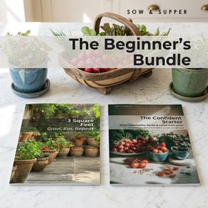 Puede incluir: El paquete para principiantes, un kit de jardinería, presenta dos libros y una cesta de productos frescos. Los libros se titulan "3 Square Feet Grow. Eat, Repeat" y "The Confident Starter". La imagen es brillante y acogedora.